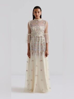 Ivory Embroidered Floral Tulle Maxi Dress